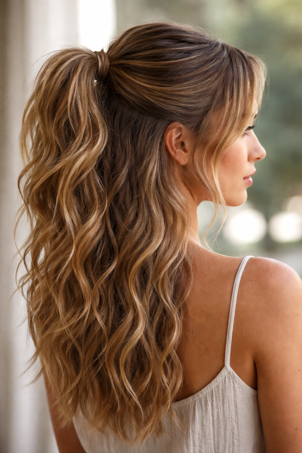 Close-up of textured top half-up ponytail on wavy hair