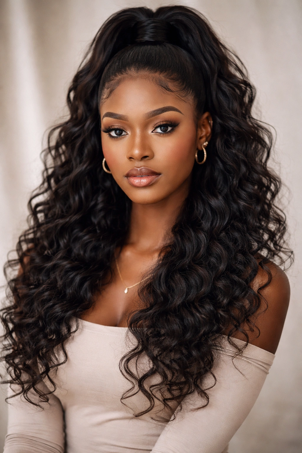 Upper gathered hair with textured lower coils and waves
