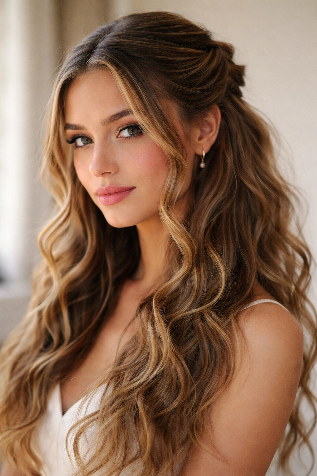 Textured waves with a twisted crown and soft face-framing strands in a prom hairstyle.