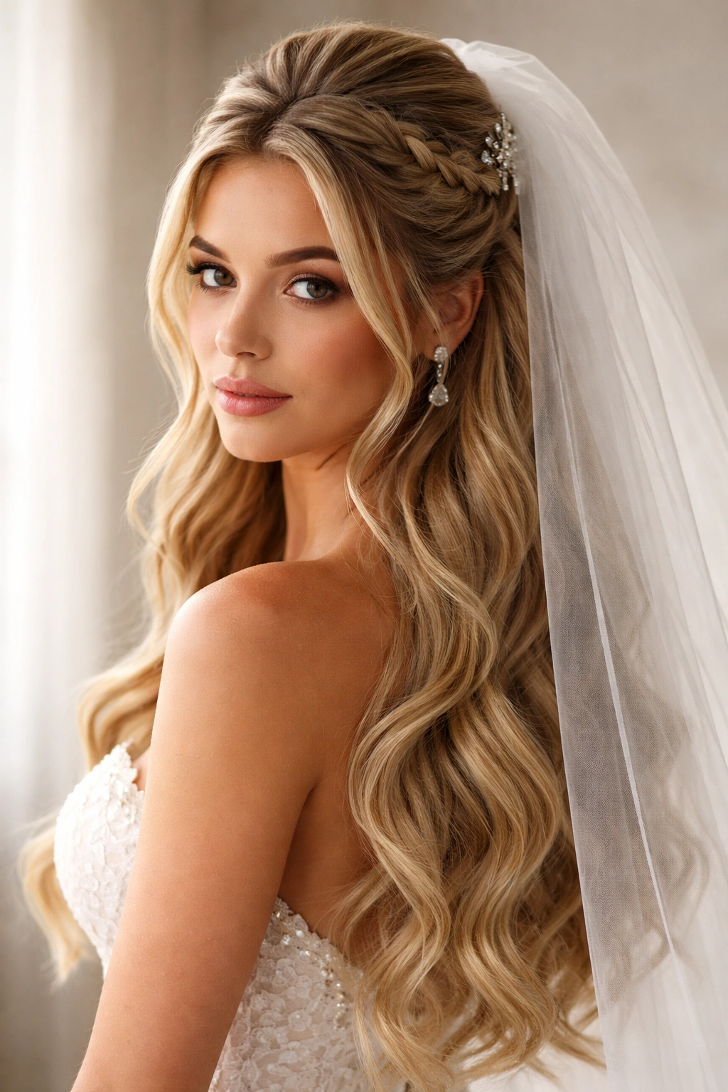 Textured half-up hairstyle with a dramatic cathedral veil
