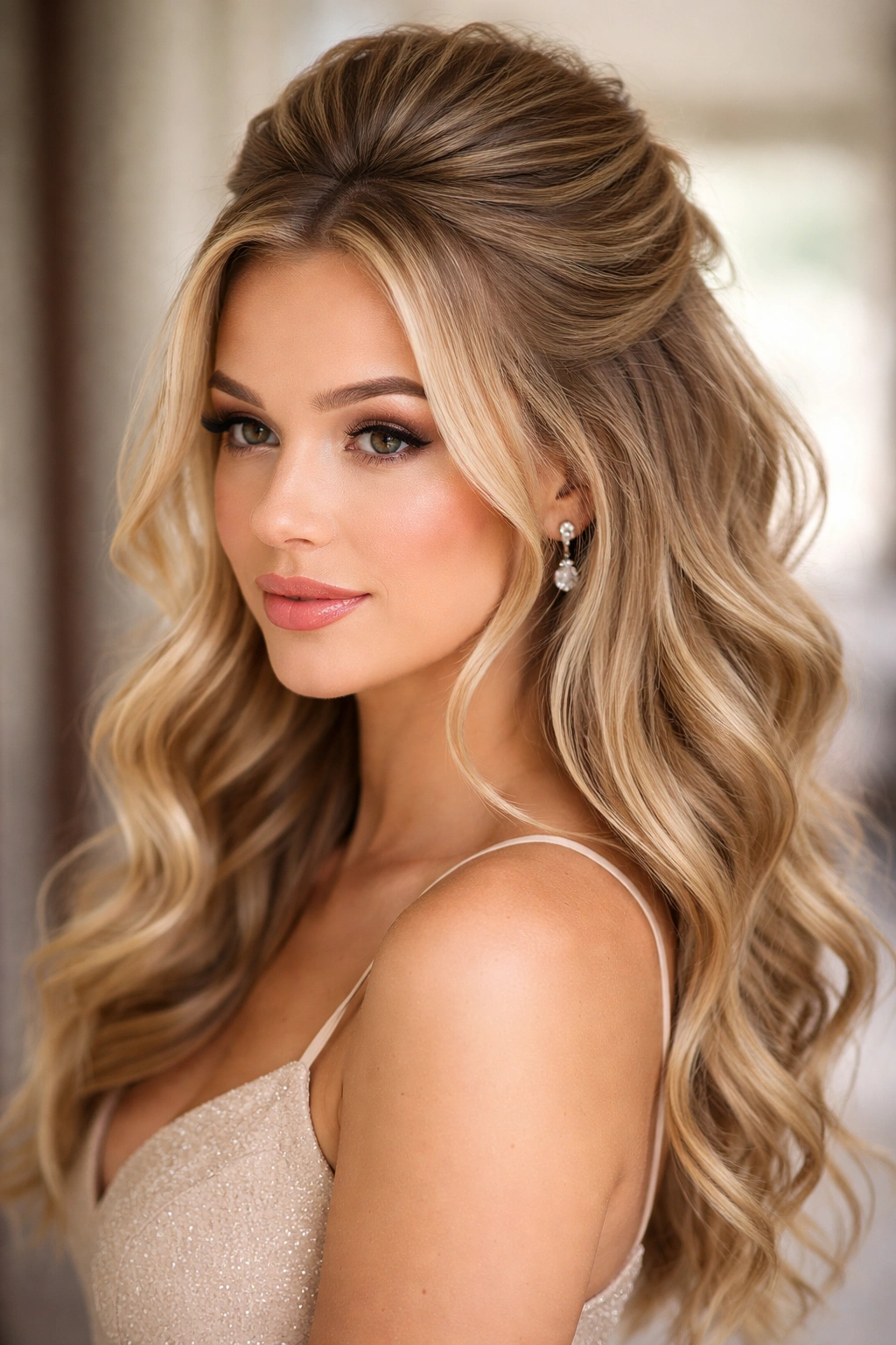 Textured half up with volume showing teased crown and flowing waves