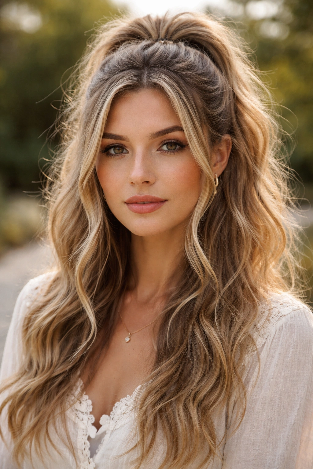Textured half-up with wispy face-framers and tousled texture