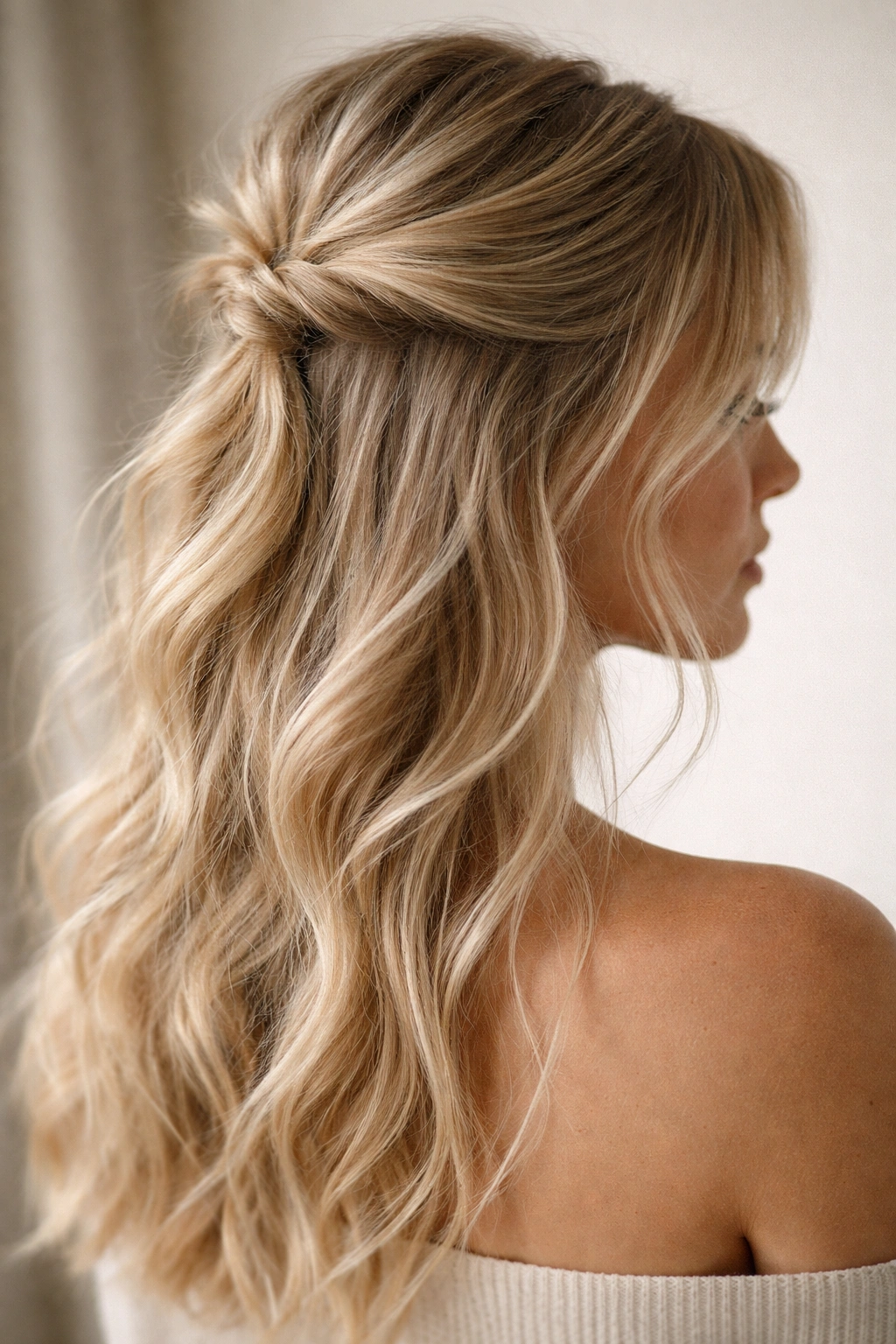 Textured half-up hairstyle with dry texture spray on fine hair.
