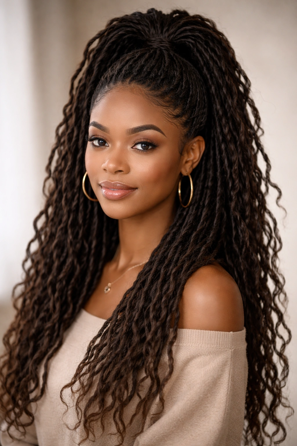 High pony with textured locs and voluminous crown