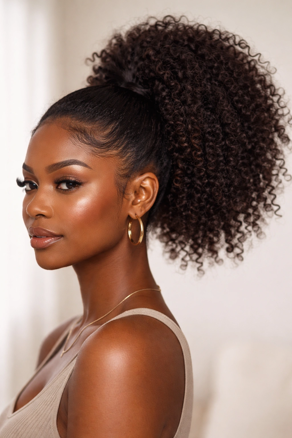 Close-up of 4C curls in a textured high ponytail on a Black woman.