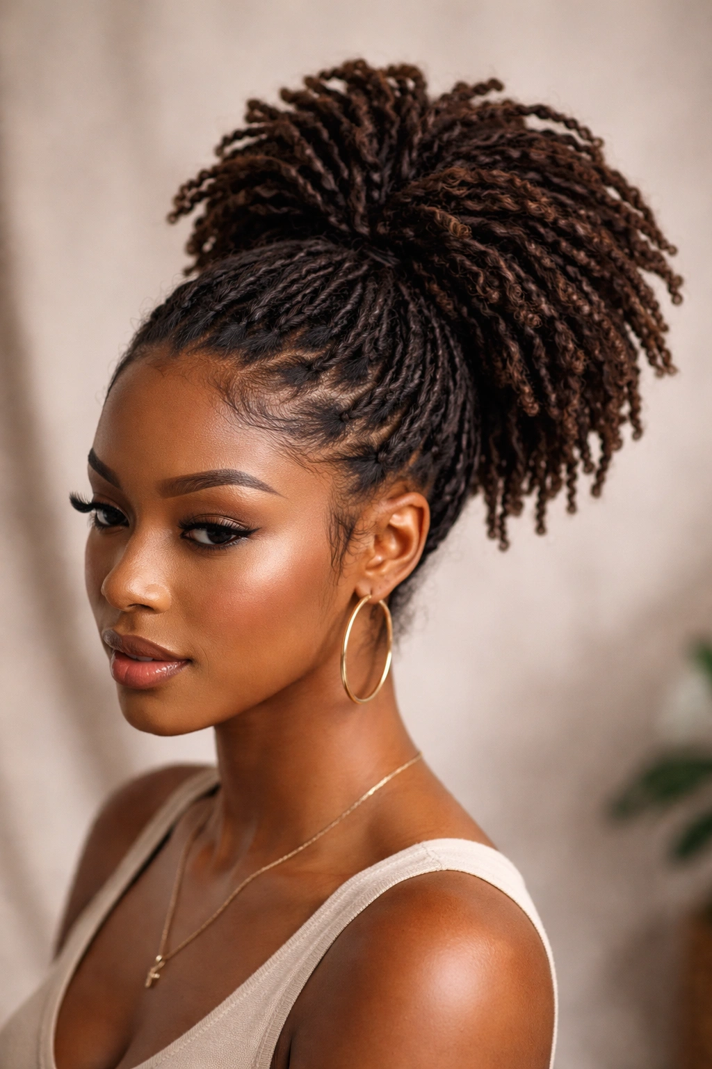 Textured high puff ponytail at crown showing volume and natural loc texture.
