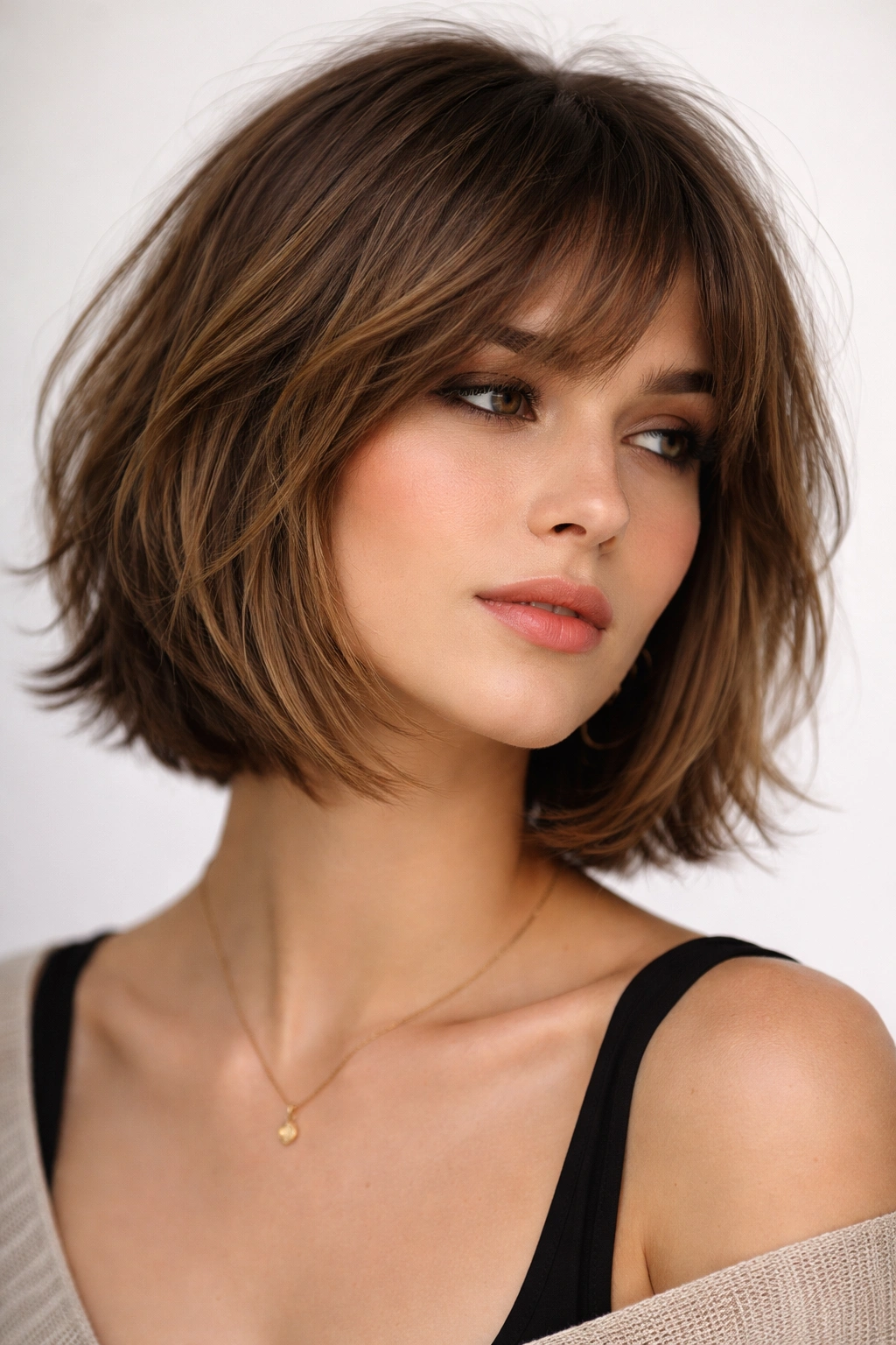 Textured Italian bob with dense shaggy layers on straight hair.
