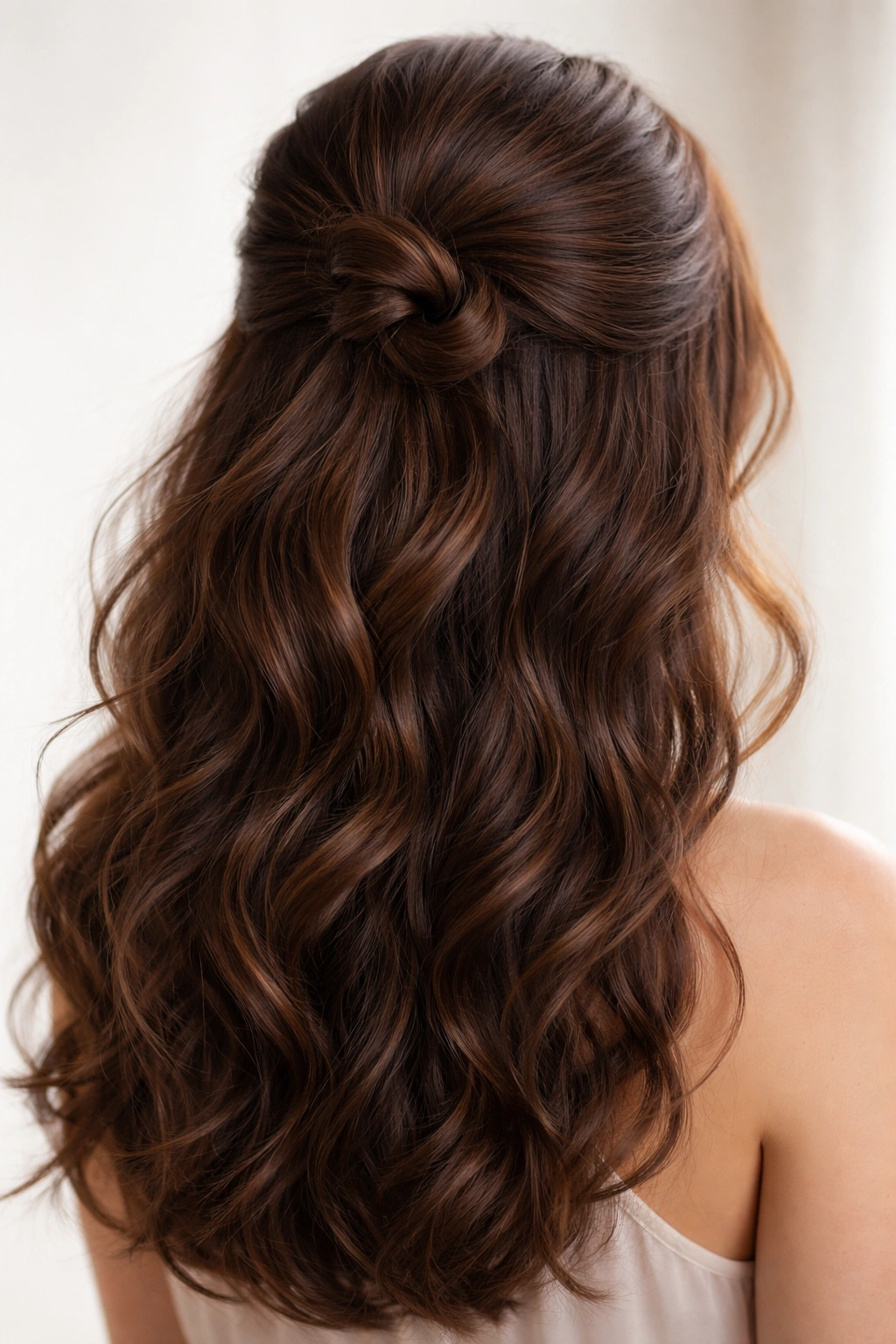Close-up of a loose crown knot in brown wavy hair