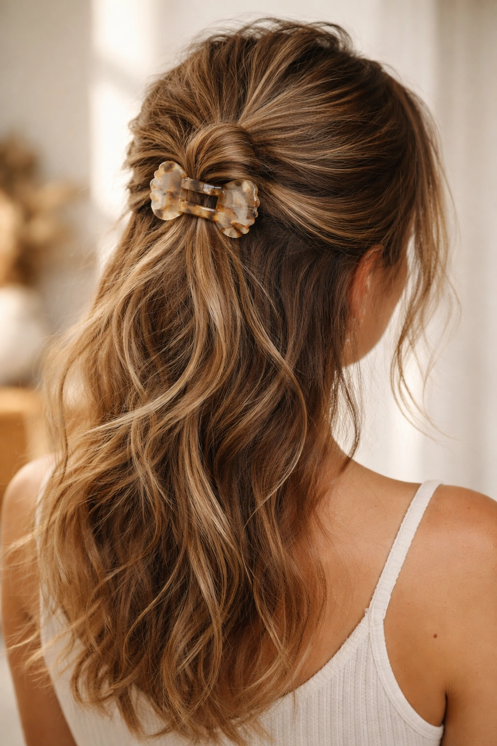 Textured knot anchored by a claw clip at the crown with wisps