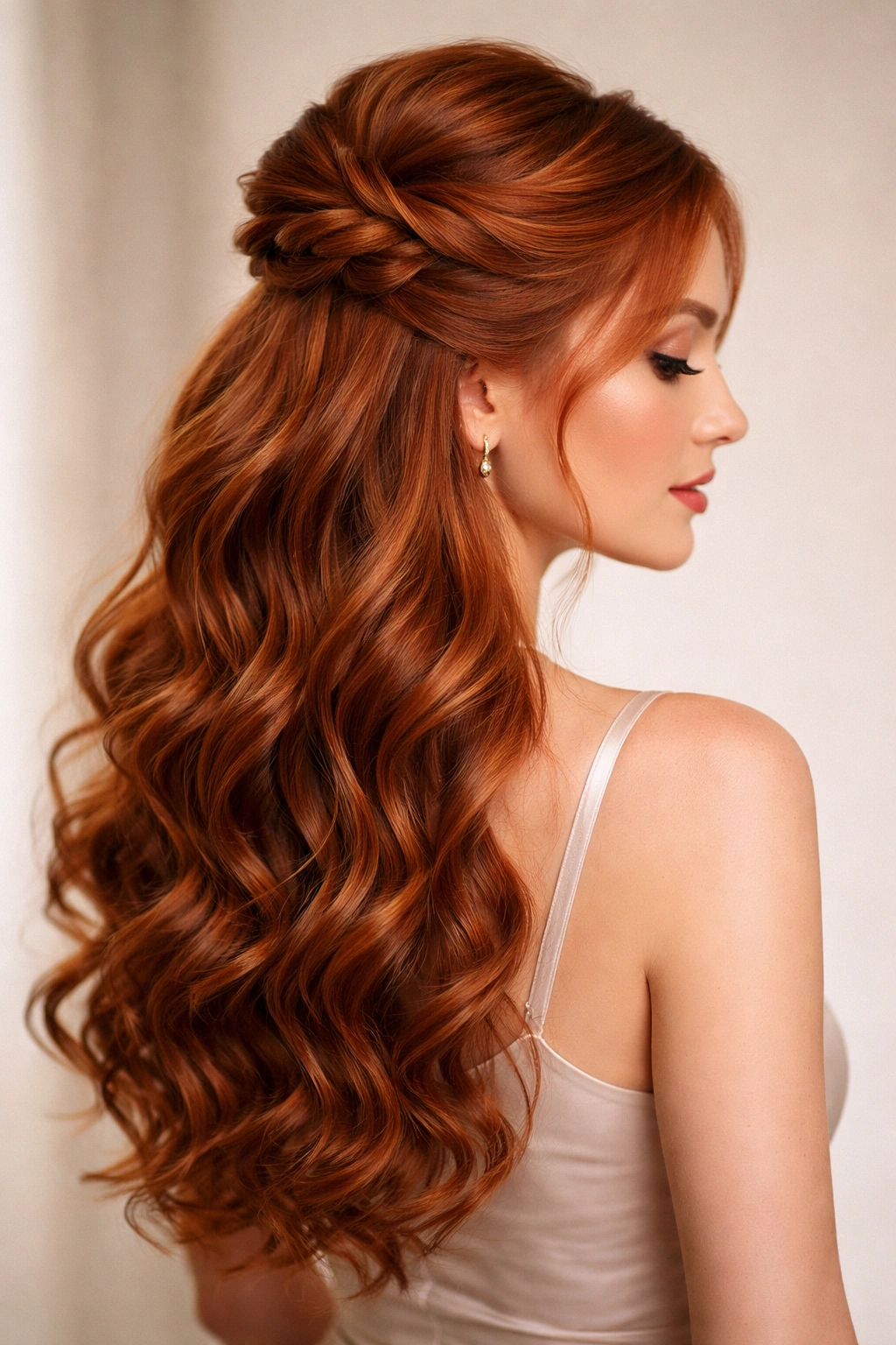 Red hair styled in a textured knot with cascading curls