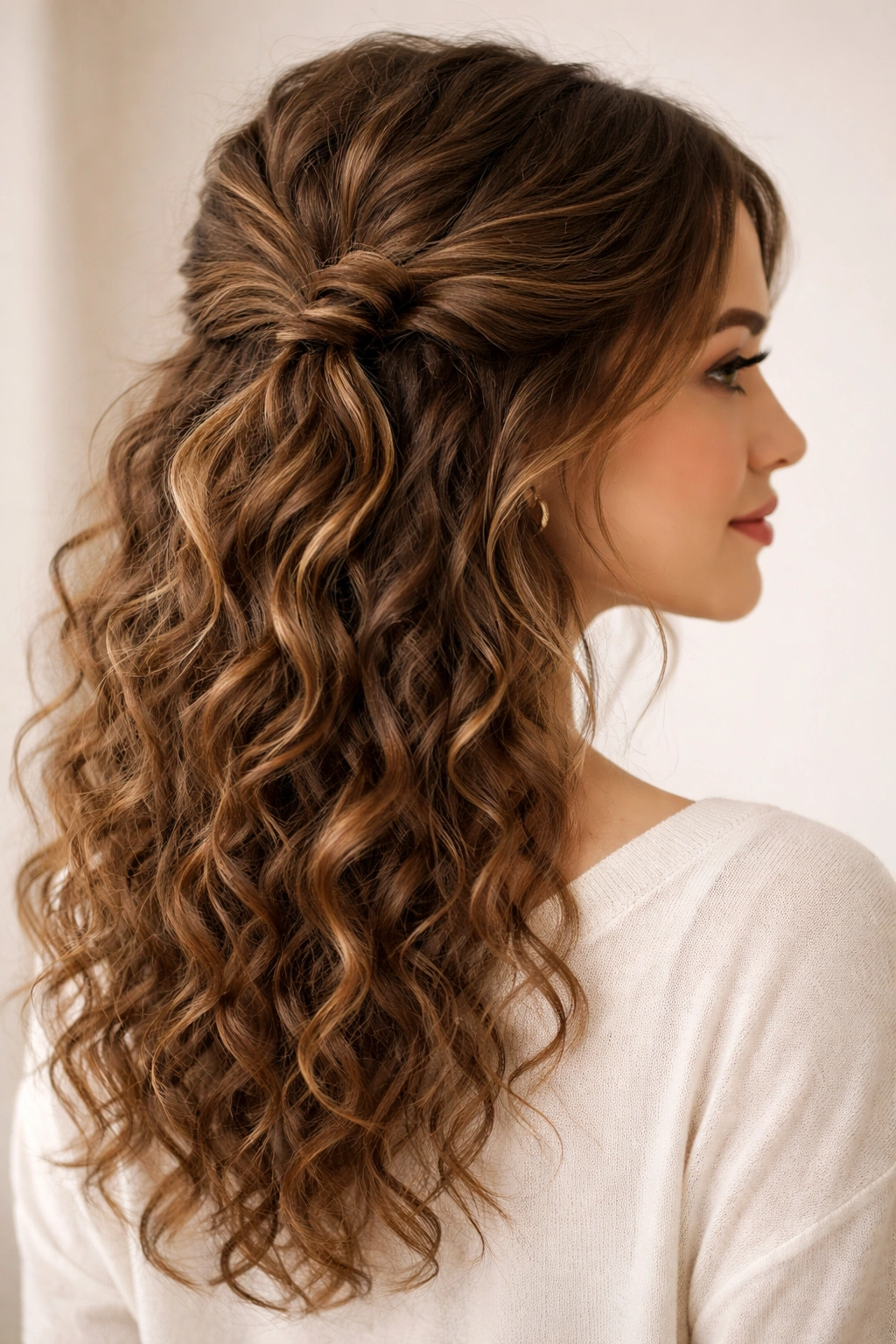 Textured knot half up hairstyle on curly hair with a loose knot at the crown.