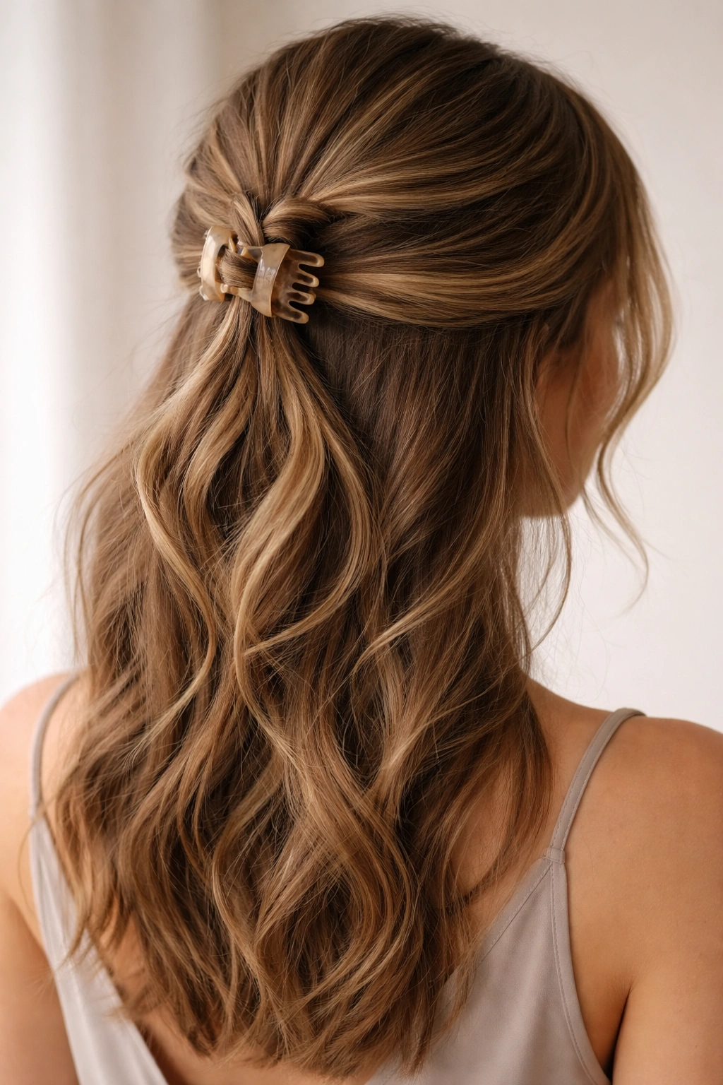 Textured knot half-up hairstyle with claw clip and hanging ends