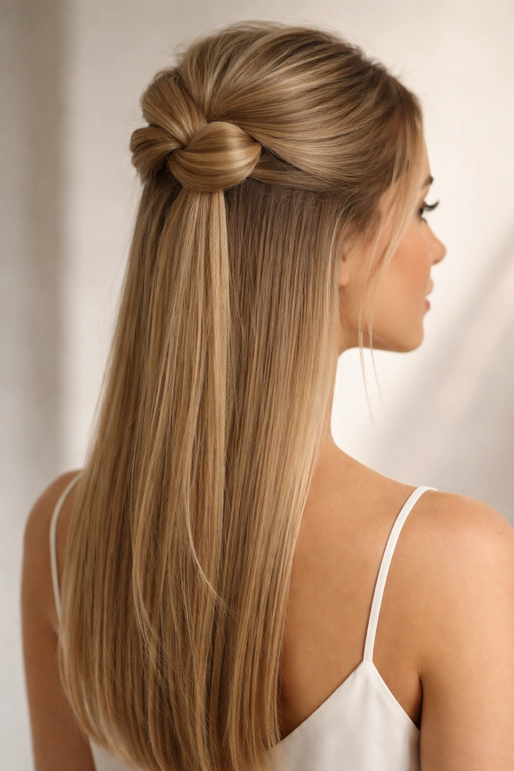 Close-up of a knot at the crown of straight hair with the bottom half remaining sleek.