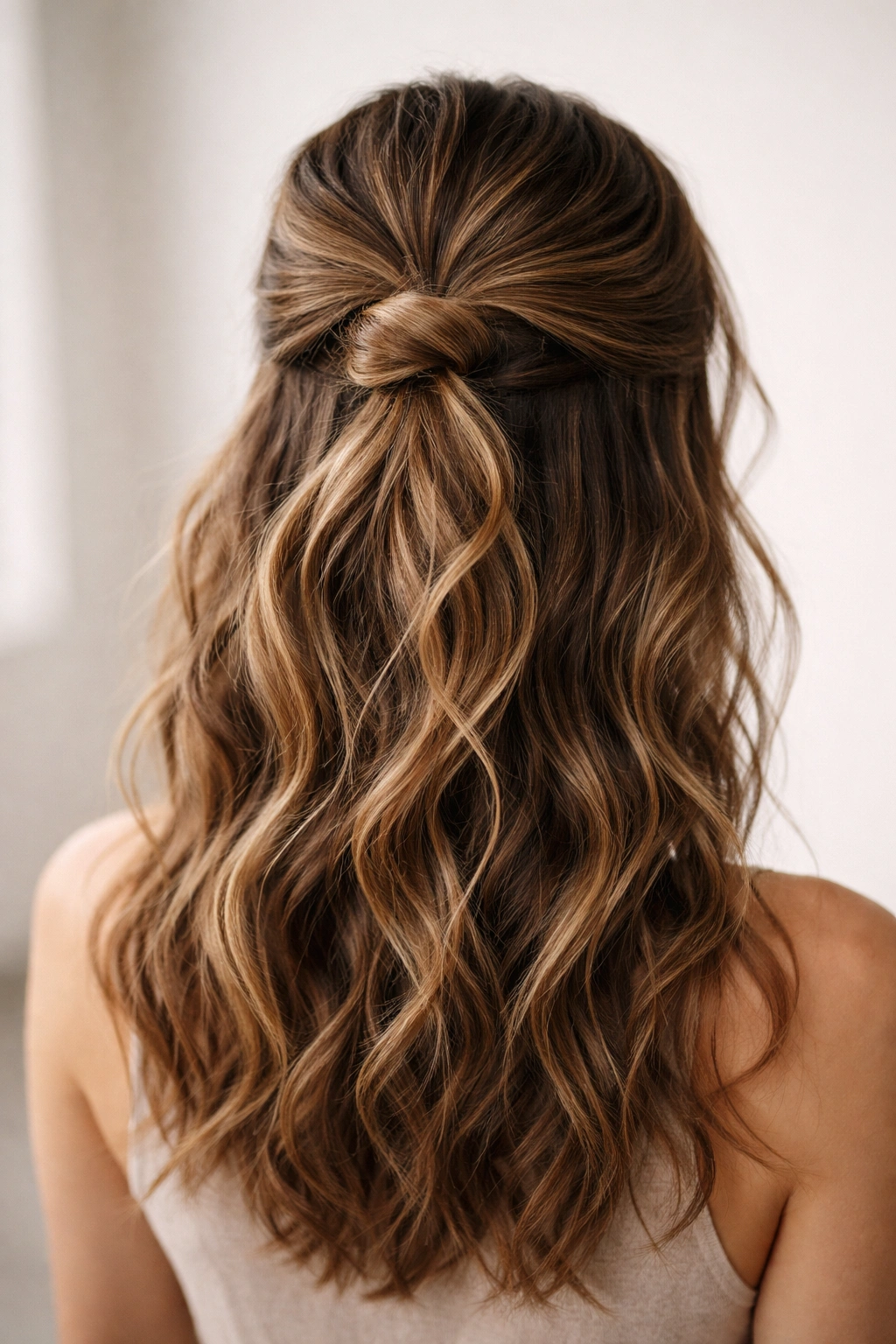 Top knot half-up hairstyle with a textured, relaxed knot and waves