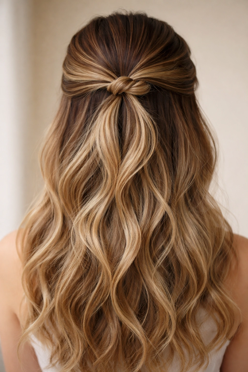 Close-up of textured knot half-up wig with knot at crown and loose waves