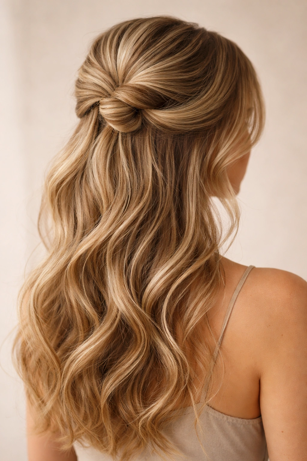 Loose knot half-up hairstyle with open loops for texture