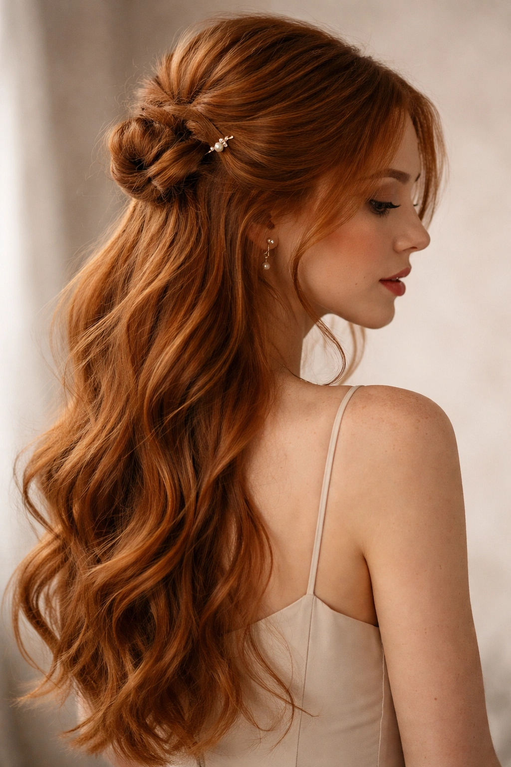 Textured knot with side waves on red hair, minimal accessories