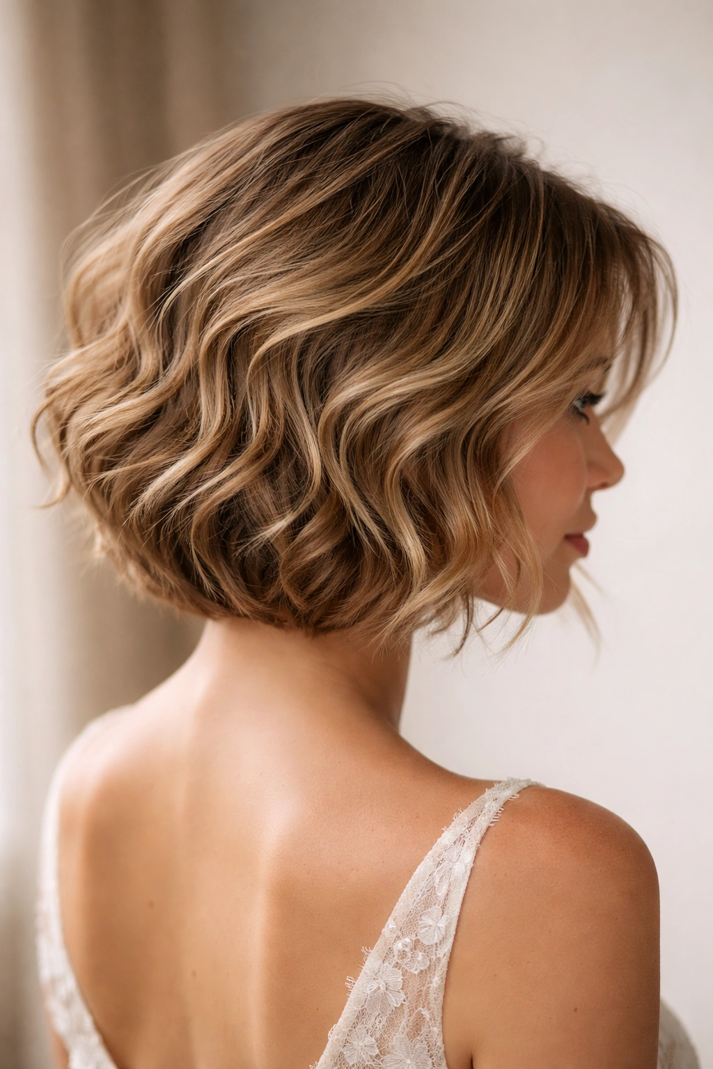 Classic short bob with interior layers and textured tousled waves showing depth.