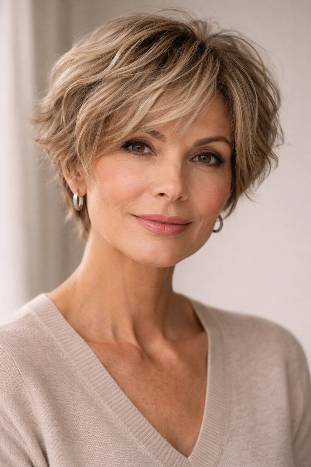 Close-up of a textured layered pixie bob showing wave texture and volume