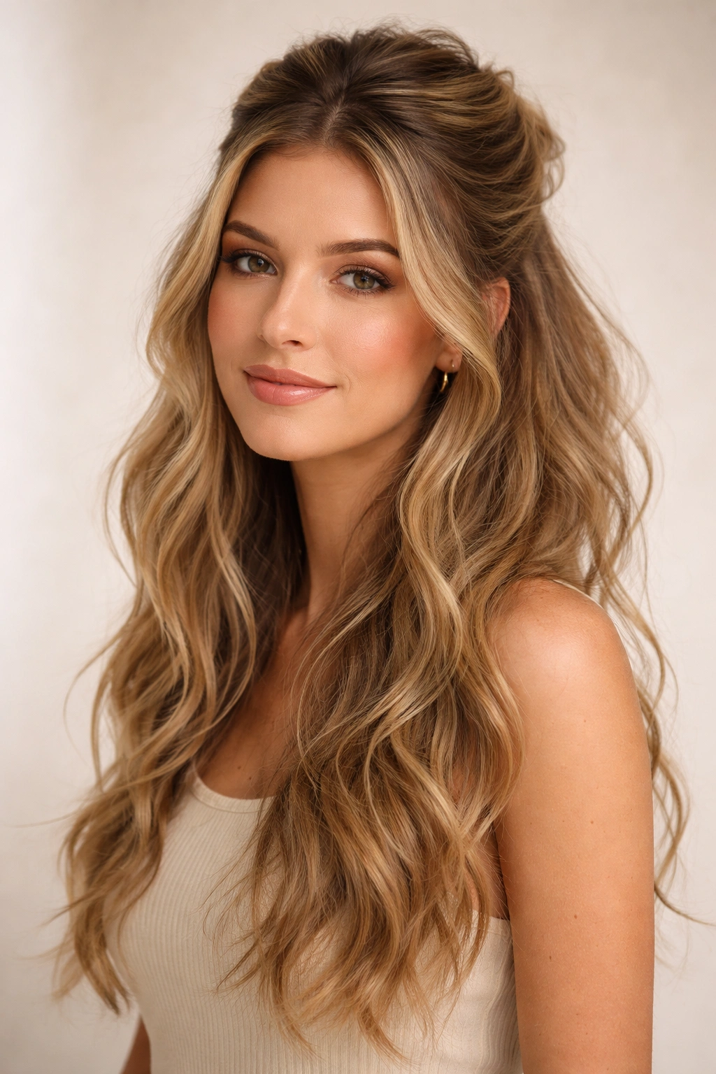 Textured layers half up with natural waves and visible layers