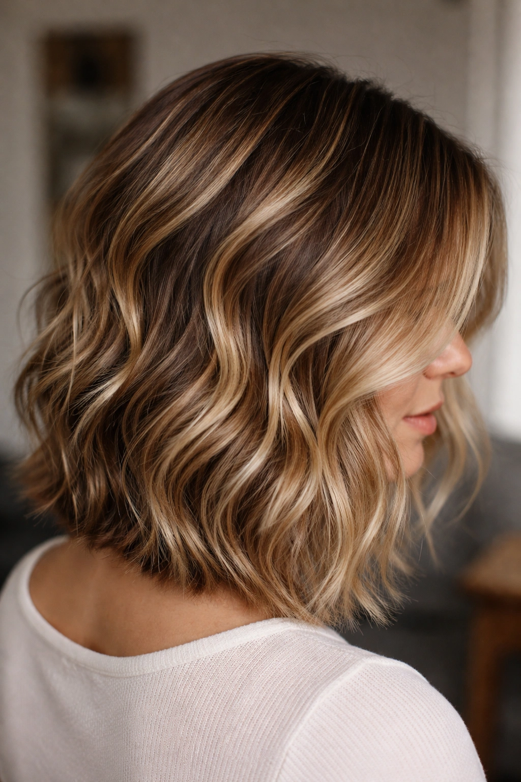 Textured long bob with melted highlight tones