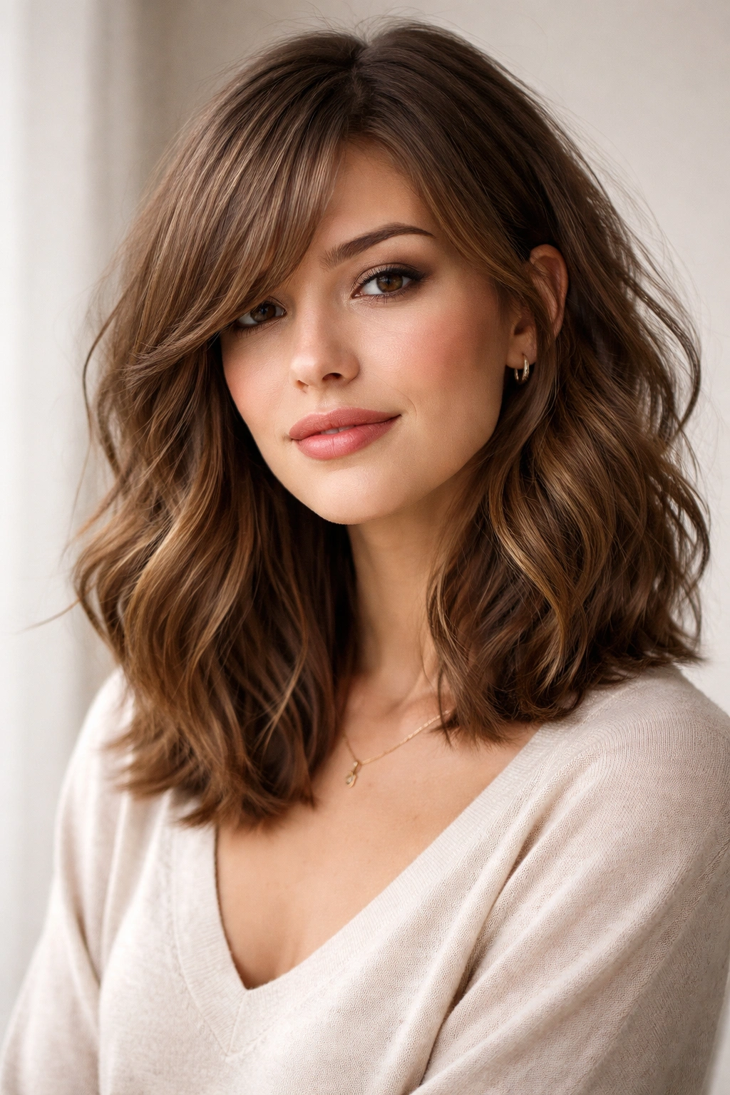 Textured lob with side-swept bangs showing waves and layers