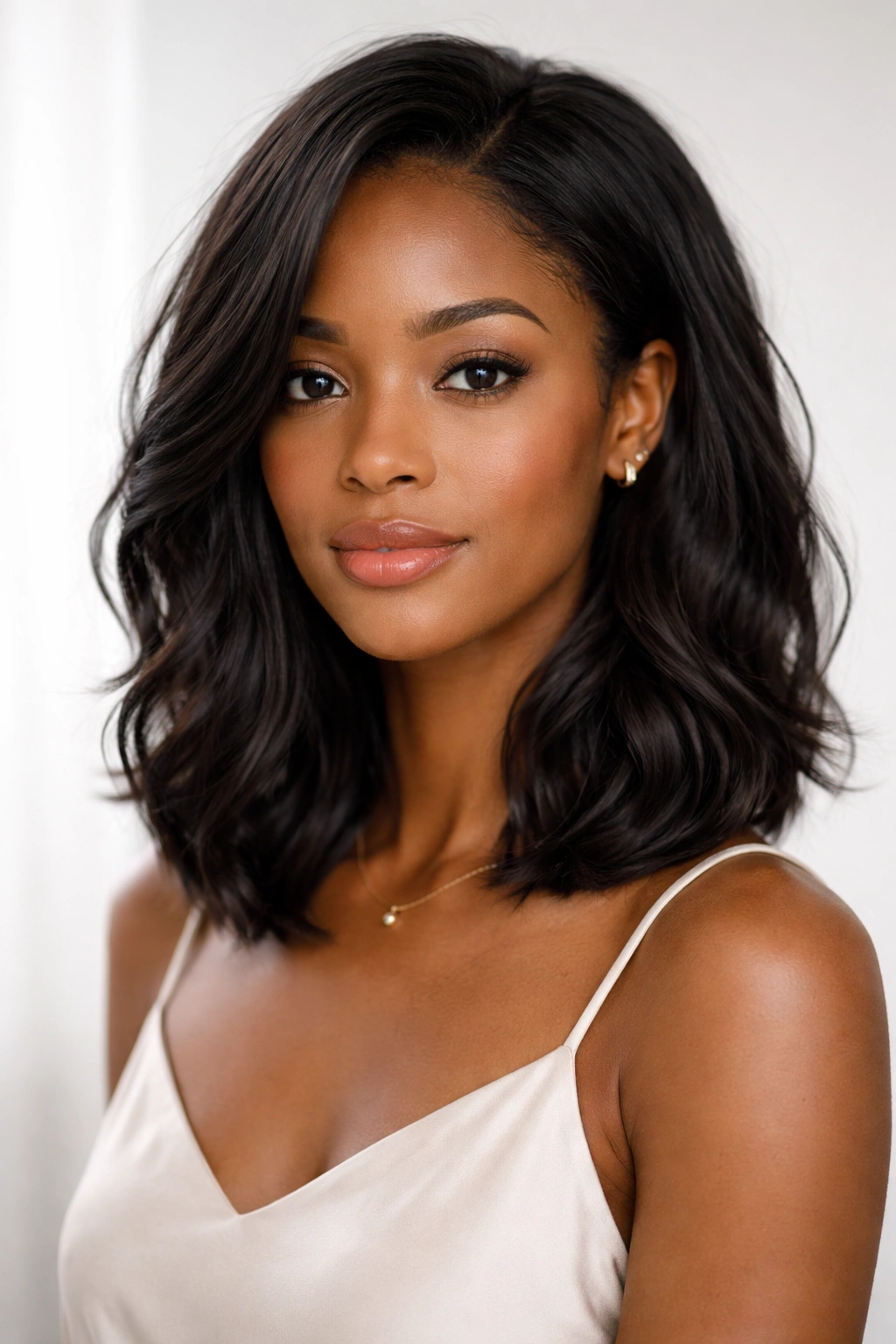 Black woman with collarbone-length textured lob and subtle waves