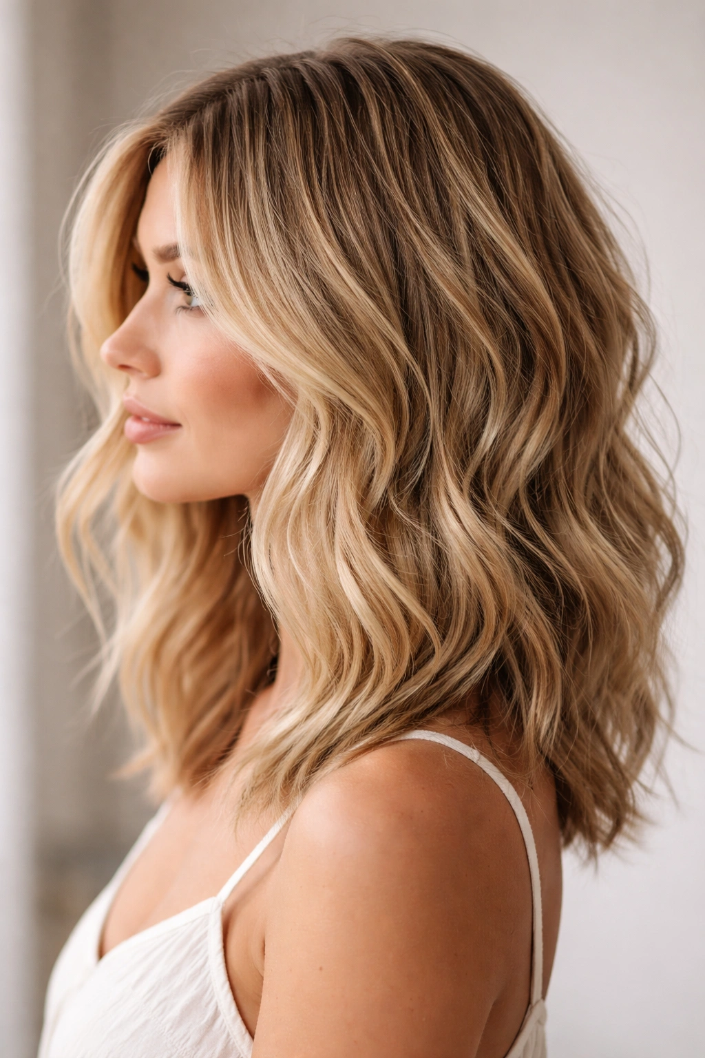 Side profile of textured lob with movement, layered ends