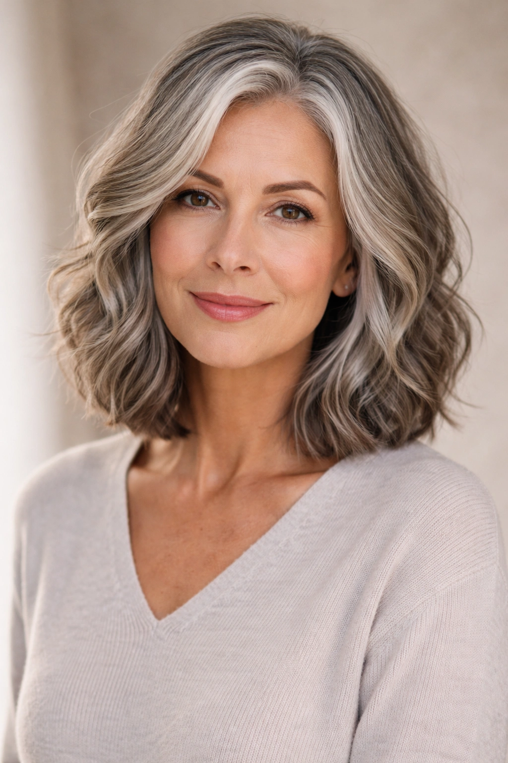 Portrait of a mature woman with a textured lob and face-framing waves in a neutral studio.