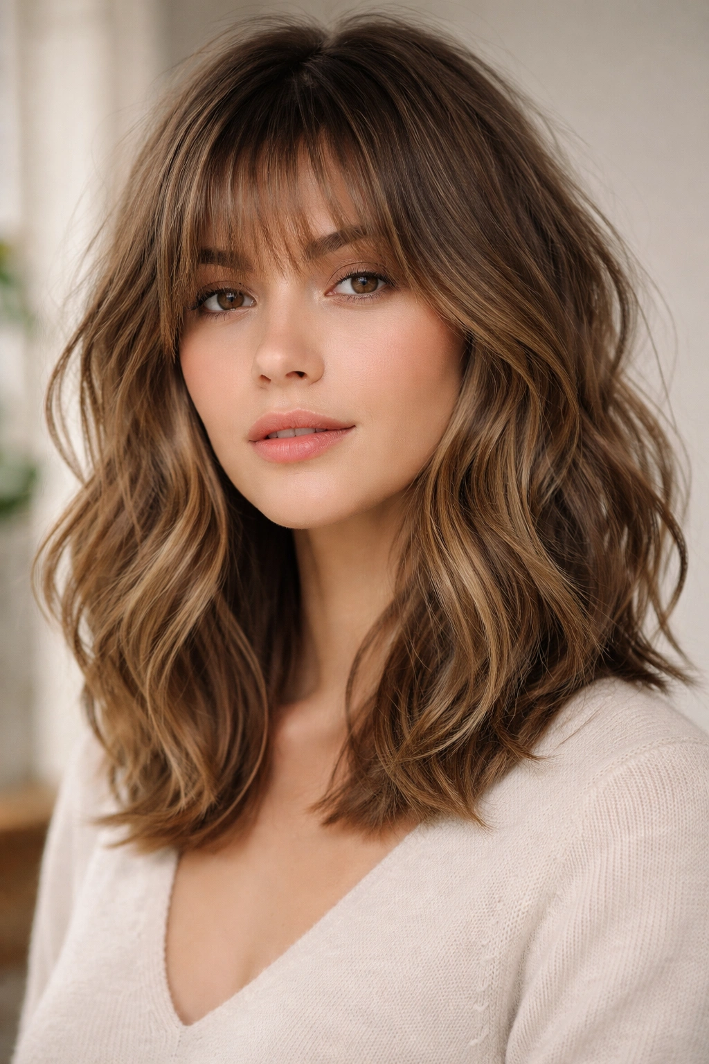 Textured long bob with feathered bangs and soft movement.