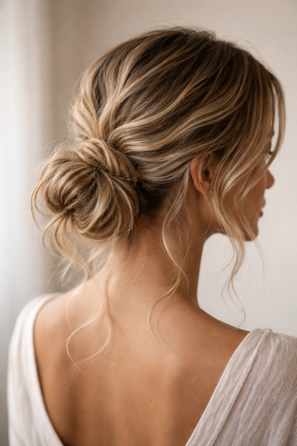 Textured low bun with beachy waves and a secure wrap