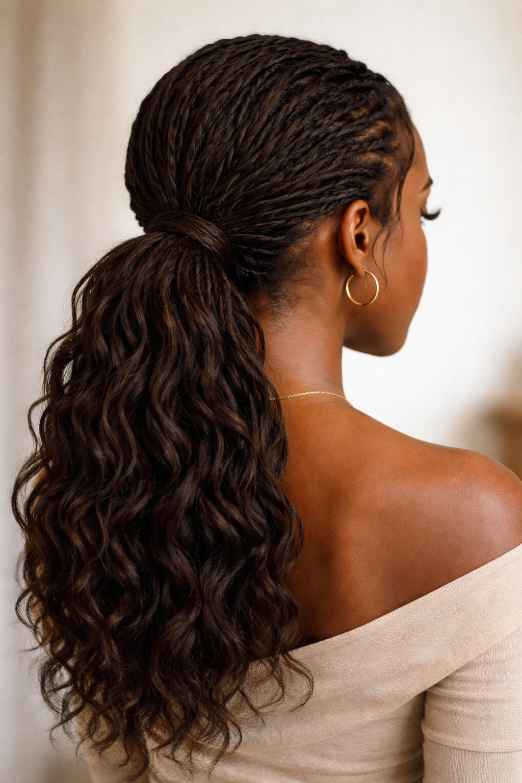 Low ponytail with loose waves and textured locs