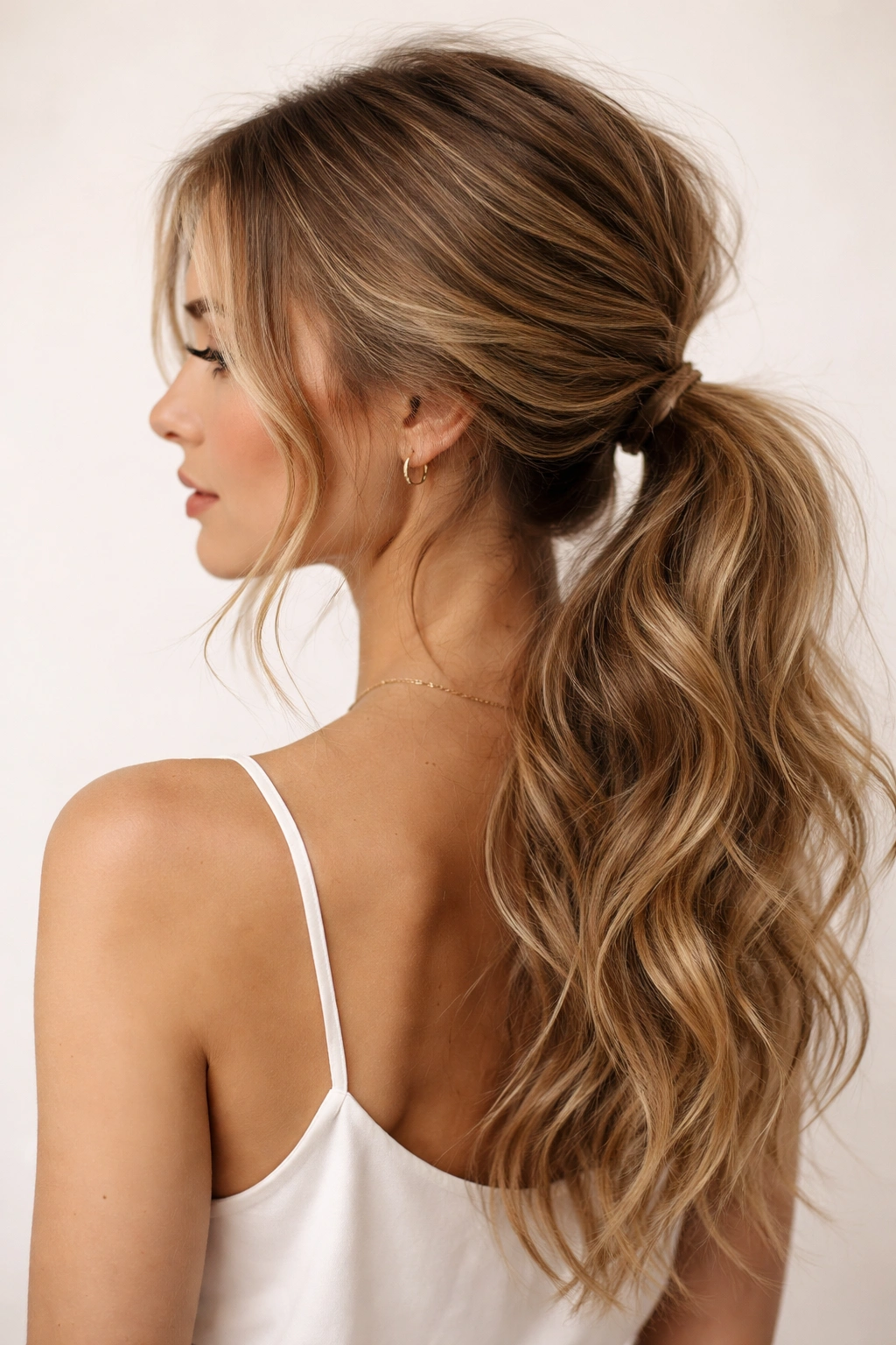 Low ponytail at the nape with loose waves and natural texture.