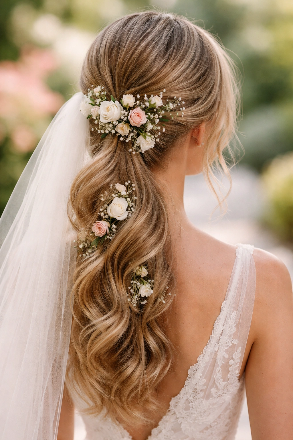 Low ponytail with textured waves and flowers at the nape
