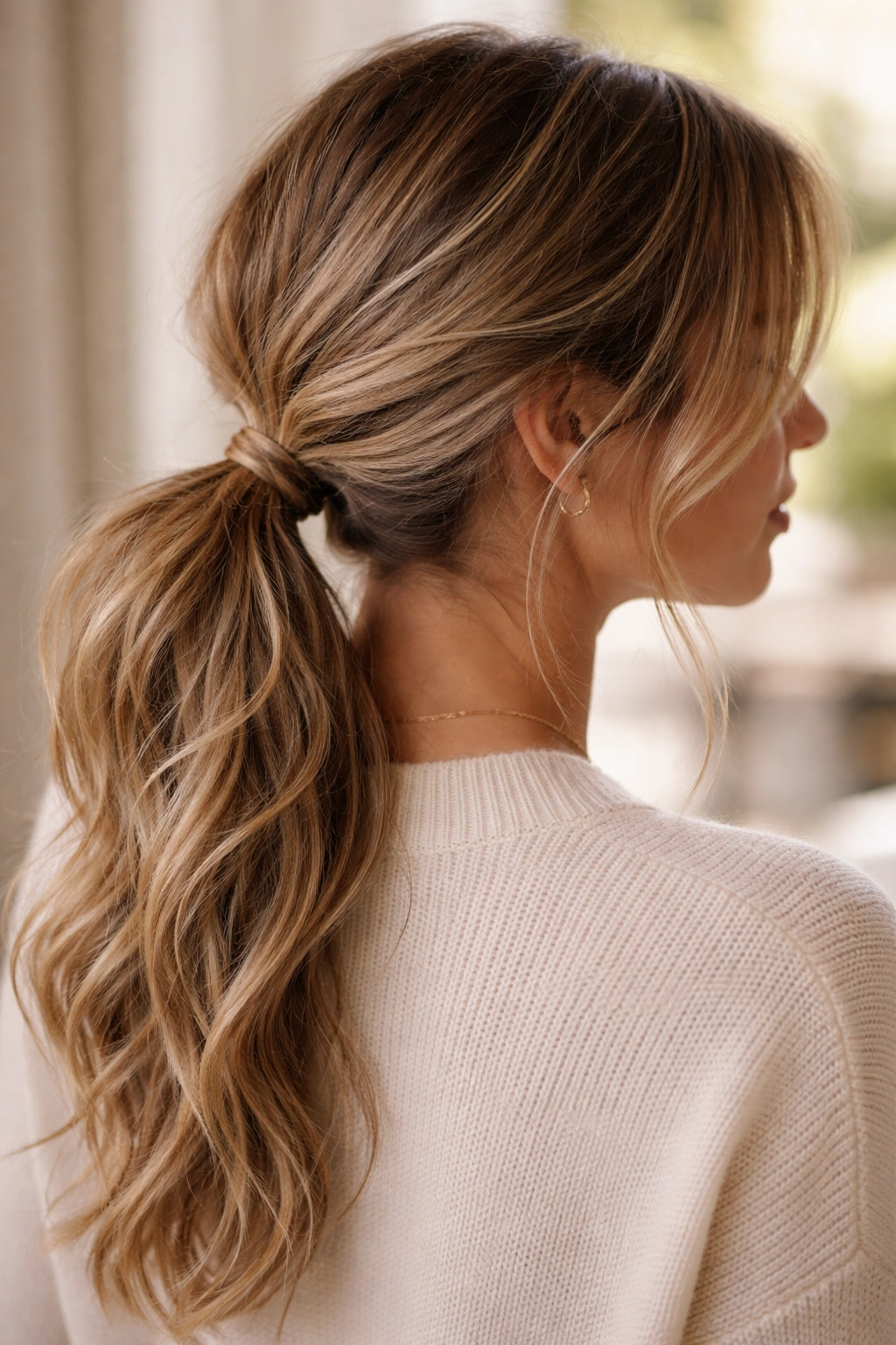 Side/back view of a textured low ponytail with soft waves