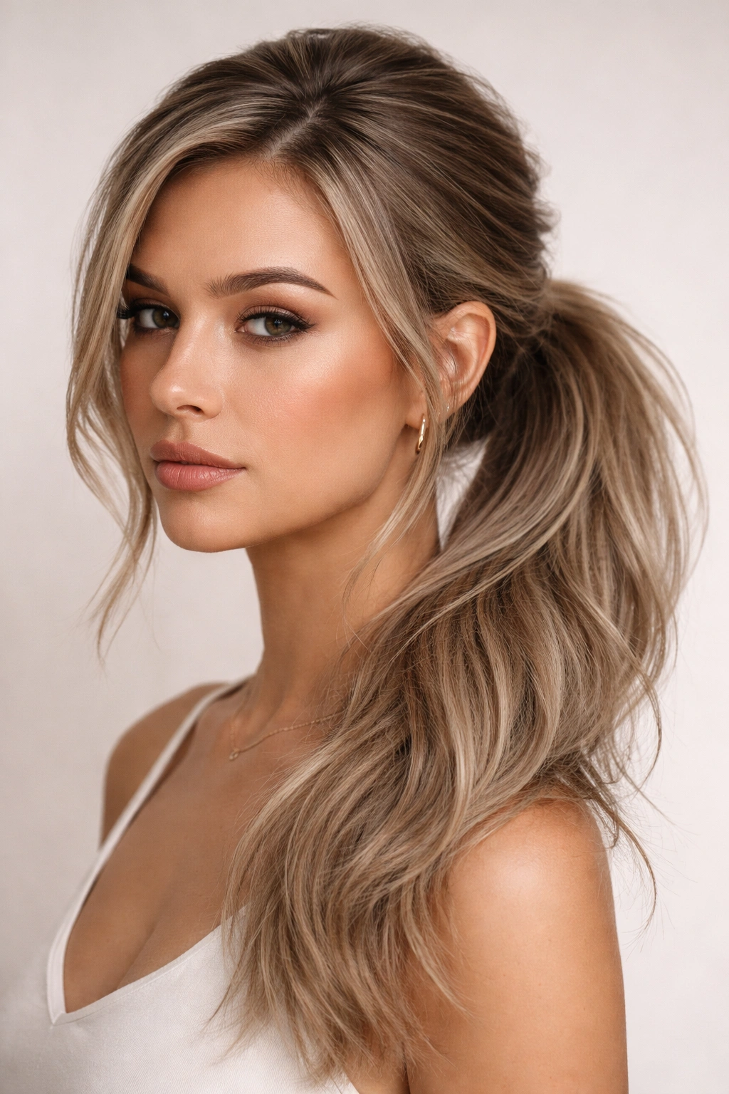 Matte textured side ponytail with visible texture and volume.
