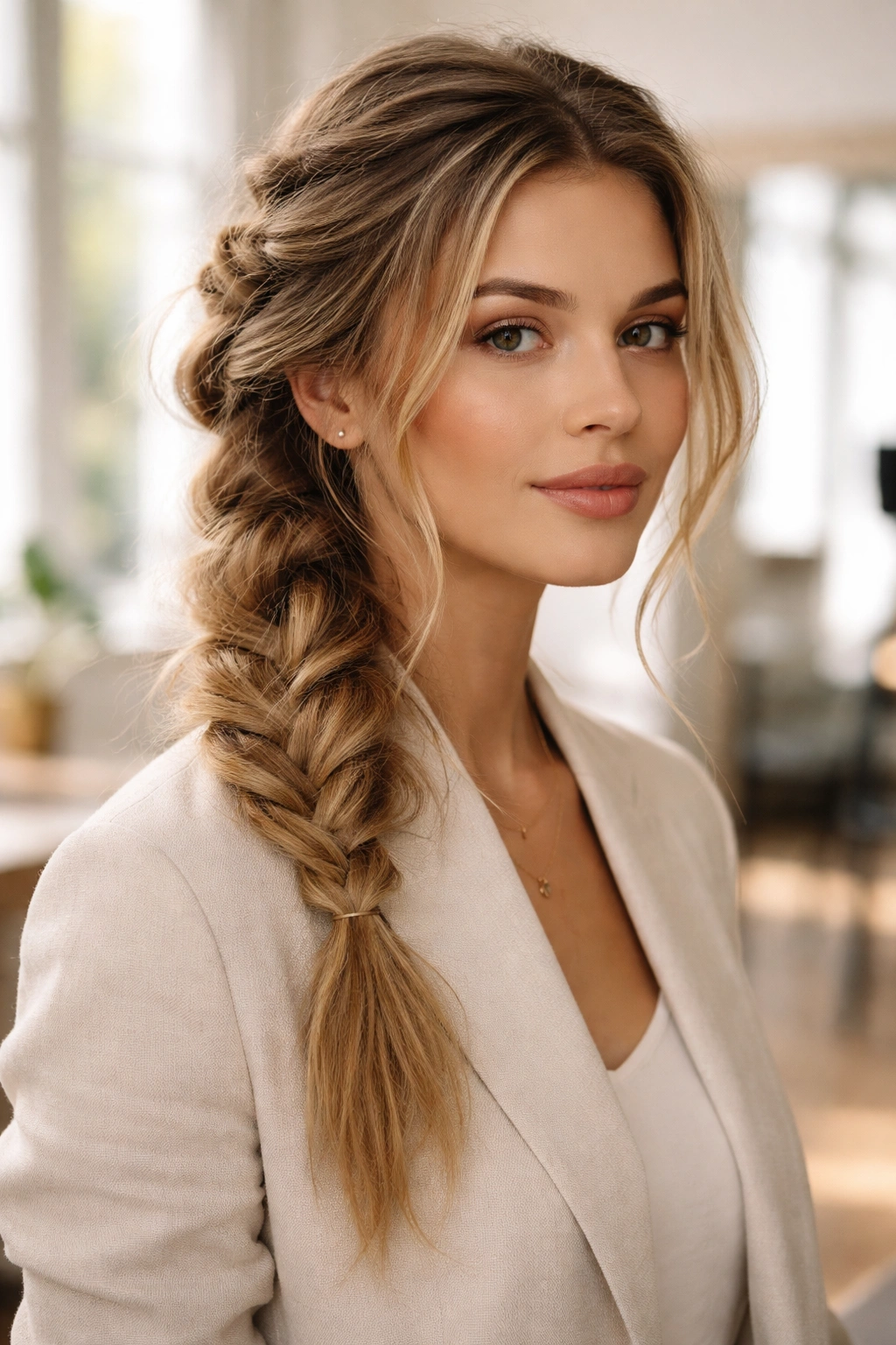 Textured messy French braid with loose strands for volume in professional look