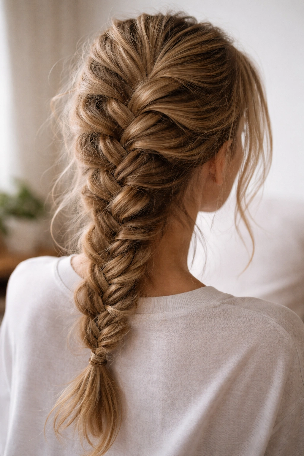 Textured messy French braid with loose strands on top of the head