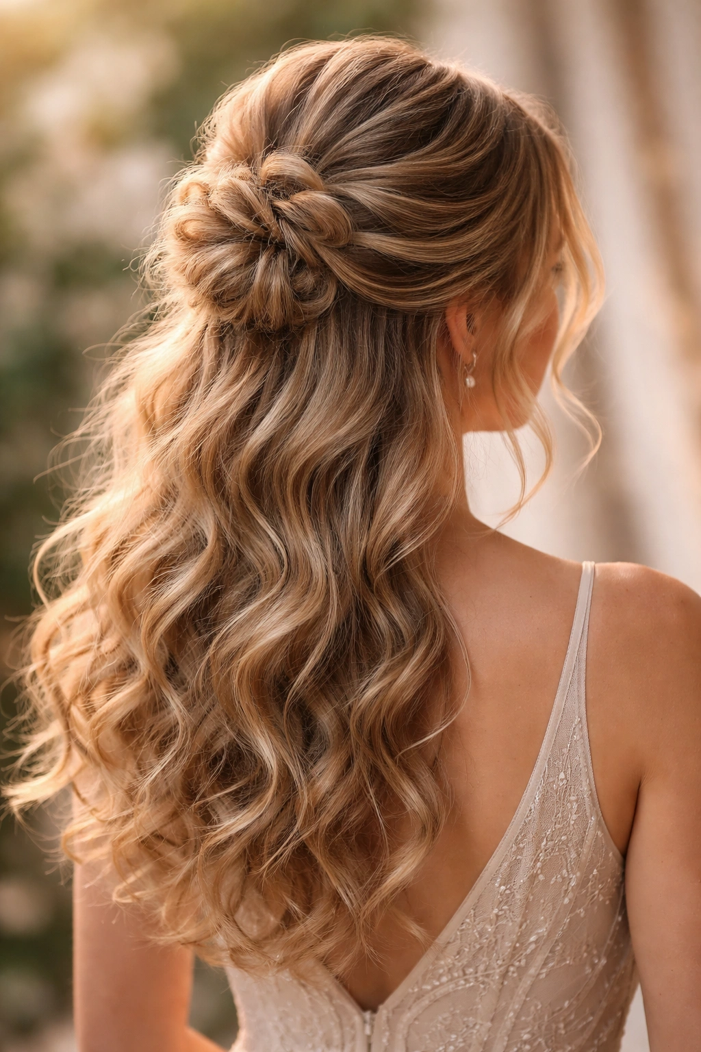 Textured messy half-up hairstyle with a loose bun and voluminous curls.