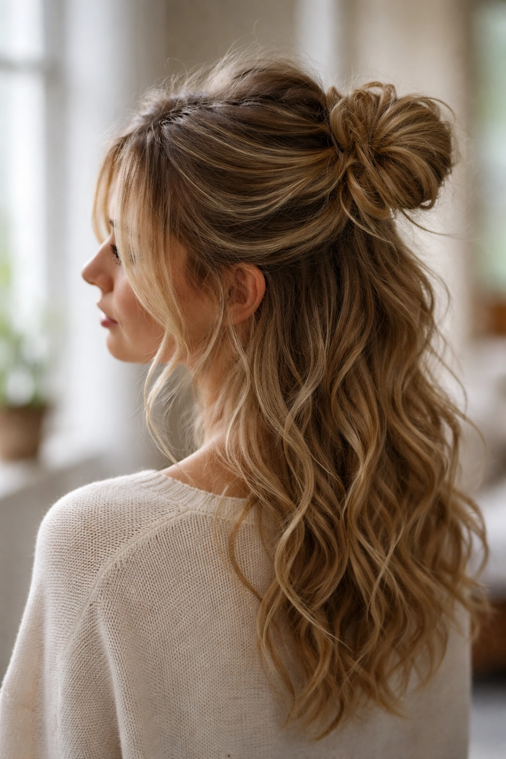 Textured messy half-up bun with face-framing strands