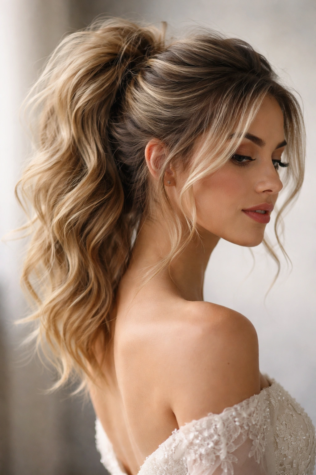 Voluminous textured updo pony with teased crown and high ponytail, soft undone finish