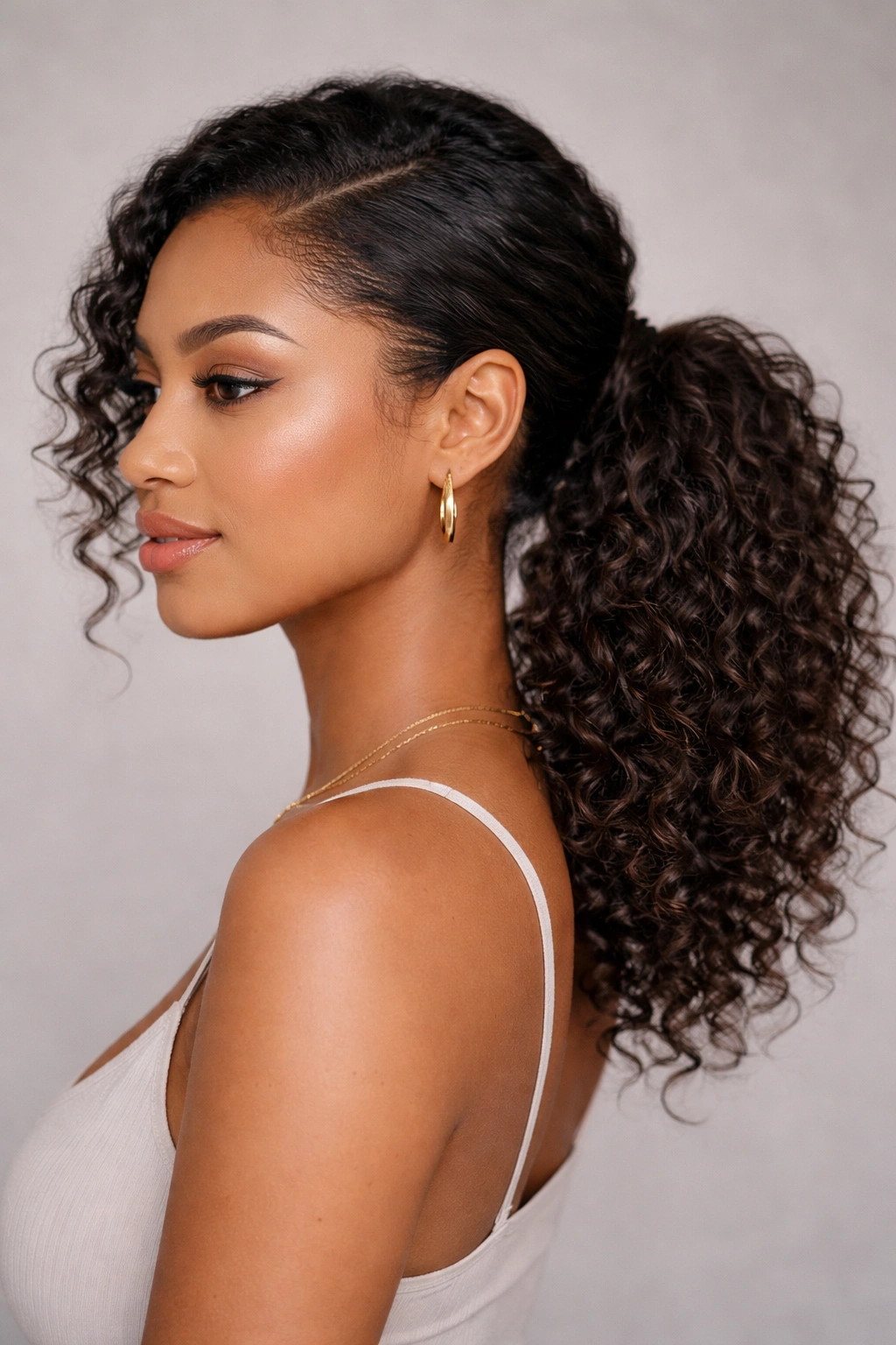 Textured mid-length side ponytail at ear level on curly hair