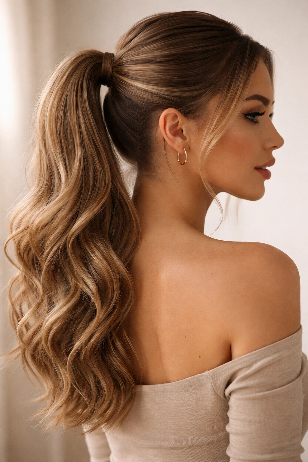 Textured mid-weave pony with loose waves and a smooth crown.