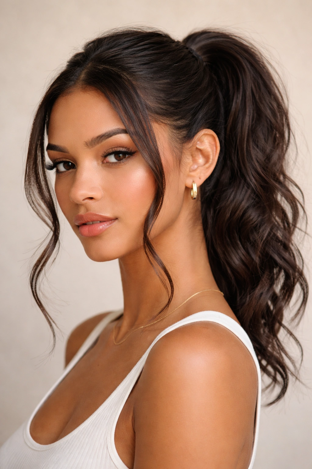 Textured mid frontal ponytail with face-framing pieces near temples