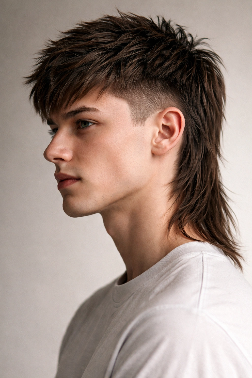 Textured top mullet with choppy layers on top and smooth long back on straight hair