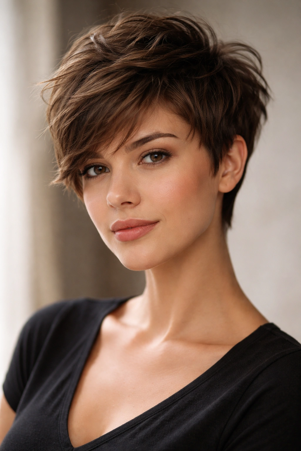 Textured pixie with angled layers on a heart-shaped face, longer top and choppy layers