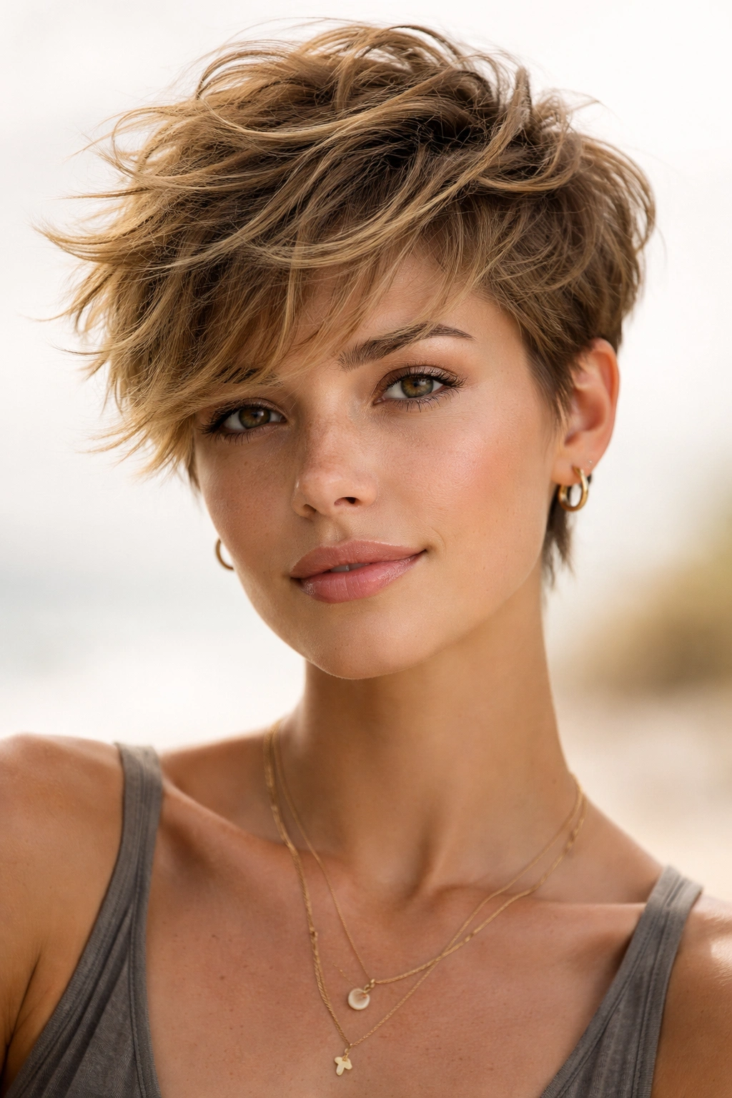 Close-up of textured pixie cut with layered waves