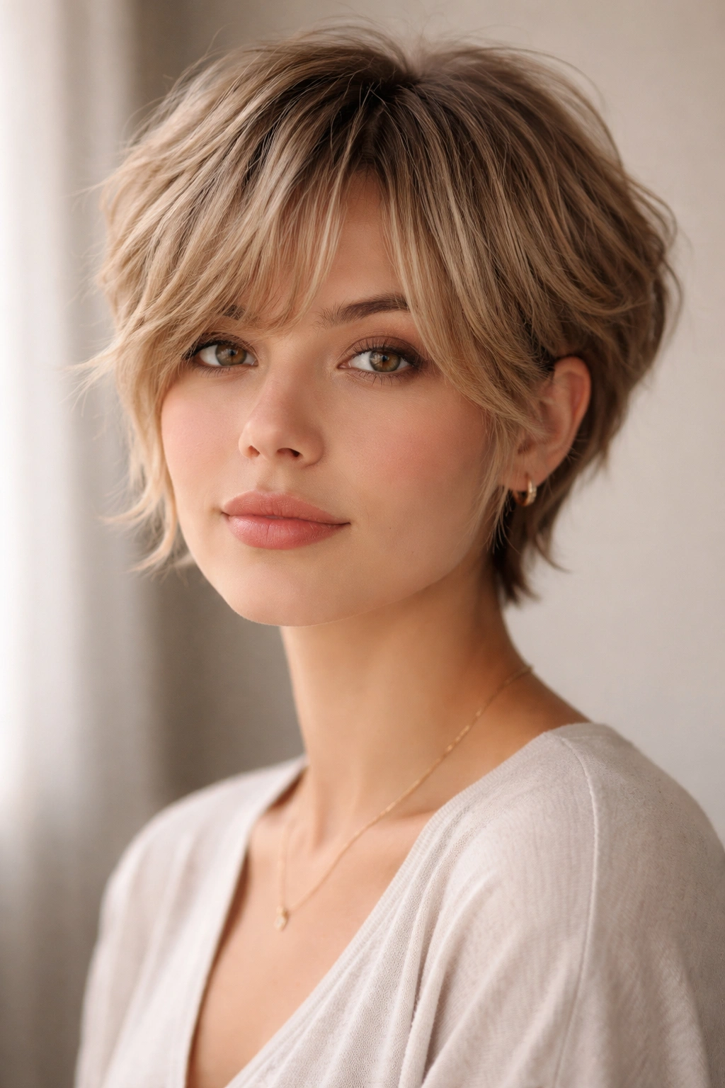 Close-up of a textured pixie-bob with delicate curtain bangs framing the face