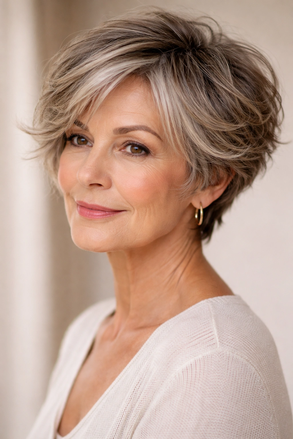 Close-up of The Textured Pixie Bob hairstyle on a mature woman showing texture and waves