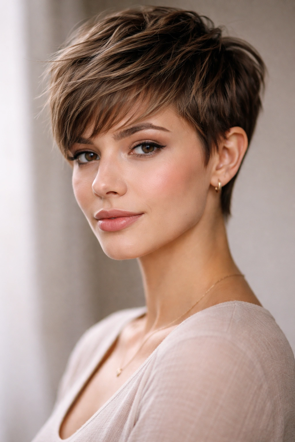 Portrait of a person with a textured pixie cut featuring longer top and shorter sides
